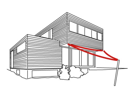 Zeichnung Haus mit dreieckigem CARAVITA Sonnensegel